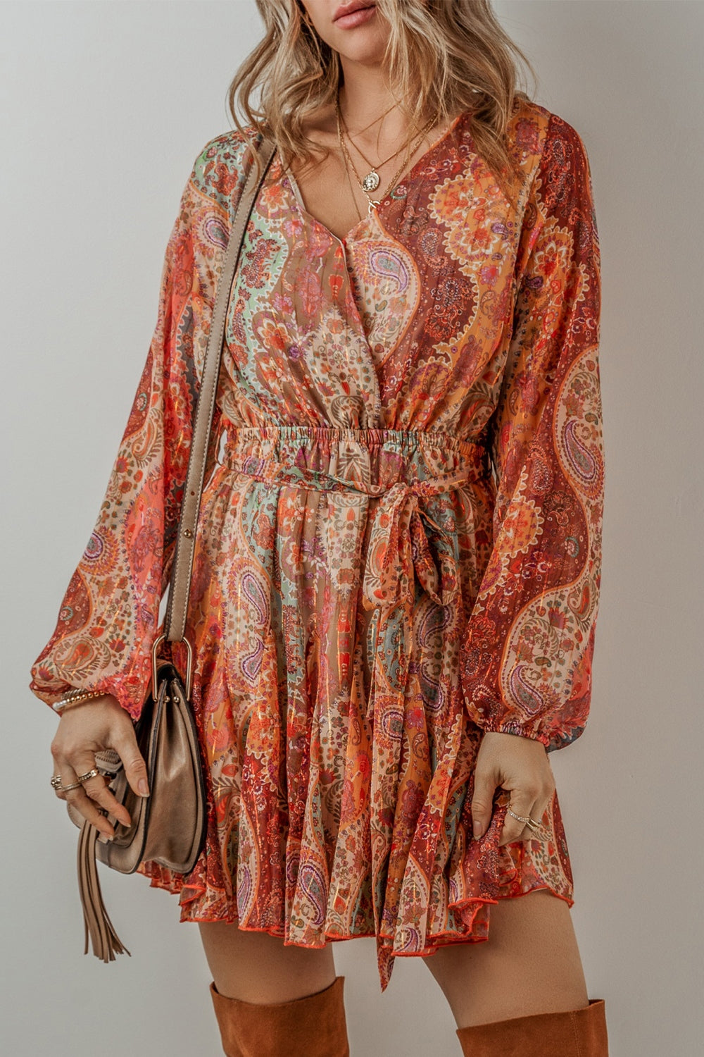 Tied Printed Balloon Sleeve Mini Dress - Charming Charlie