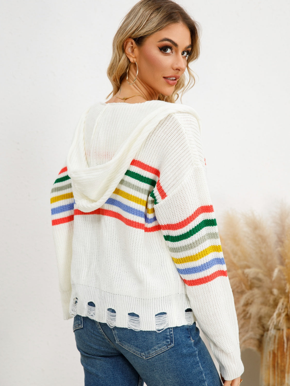 Drawstring Striped Dropped Shoulder Hooded Cardigan - Charming Charlie