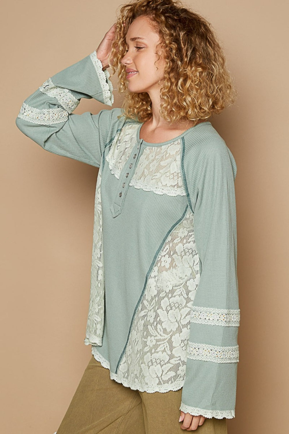 POL Round Neck Long Sleeve Lace Trim Thermal Top - Charming Charlie
