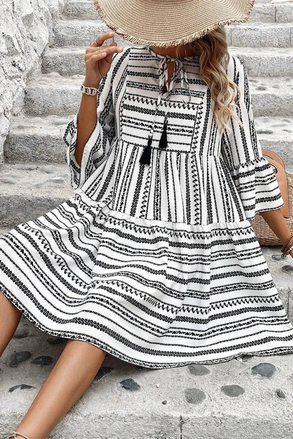 Printed Tie Neck Three-Quarter Sleeve Mini Dress - Charming Charlie