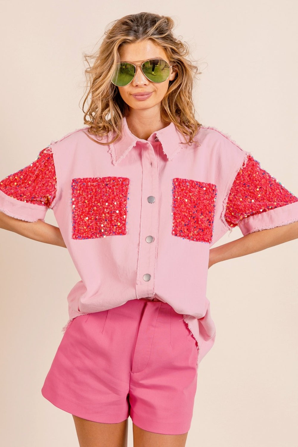 BiBi Sequin Detail Raw Hem Short Sleeve Shirt - Charming Charlie