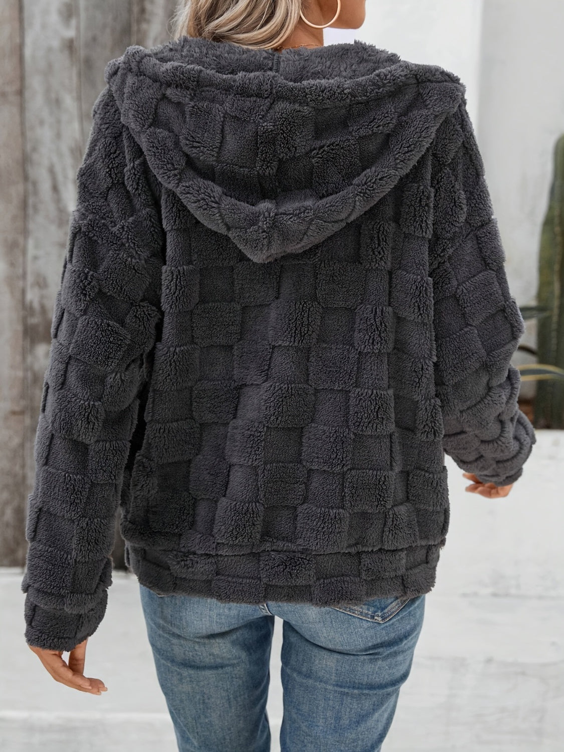 Checkered Texture Zip Up Drawstring Fuzzy Jacket - Charming Charlie