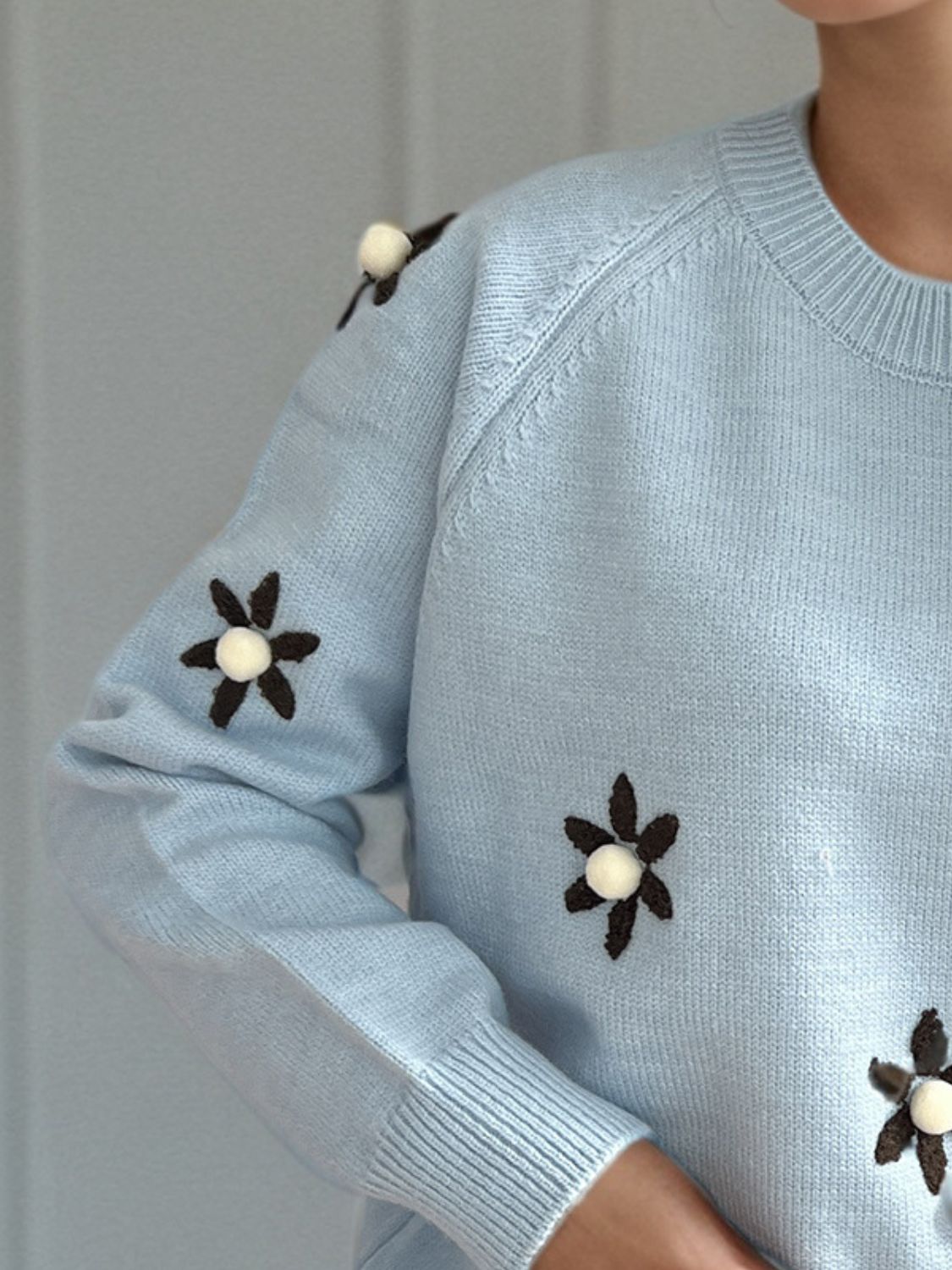 Flower Round Neck Raglan Sleeve Sweater - Charming Charlie