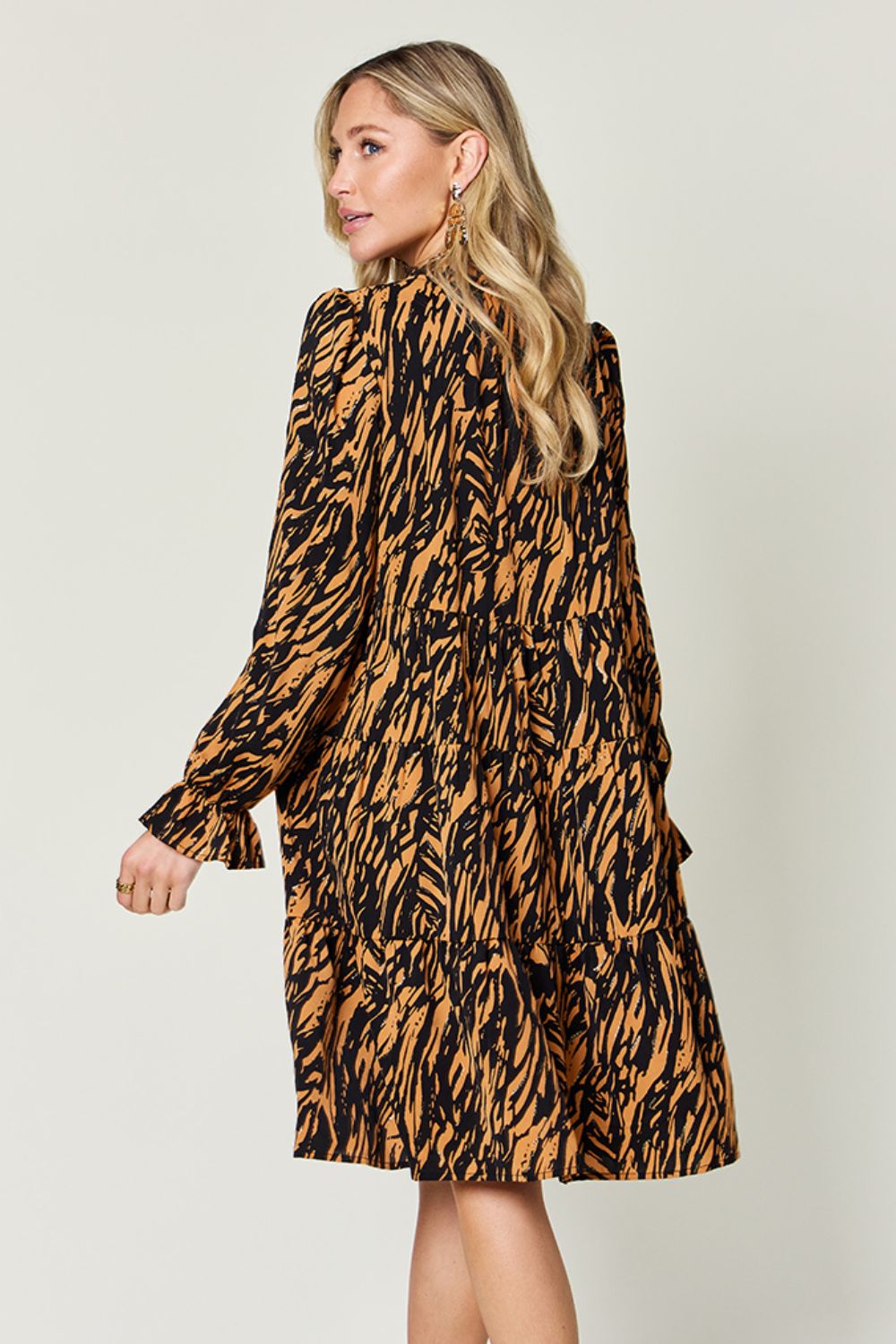 Double Take Full Size Printed Ruffle Hem Long Sleeve Dress - Charming Charlie