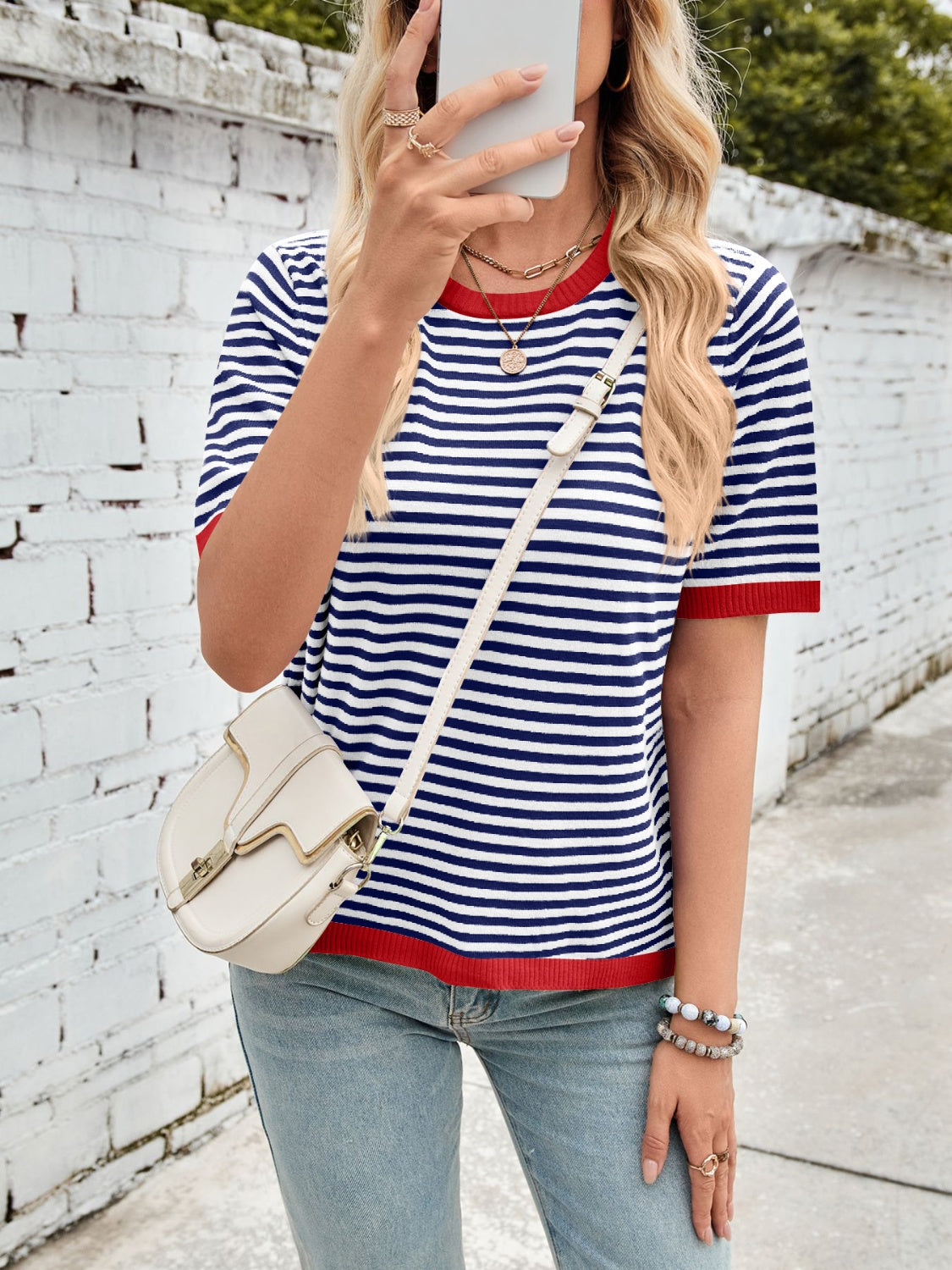 Lovelet Striped Contrast Round Neck Half Sleeve Knit Top - Charming Charlie