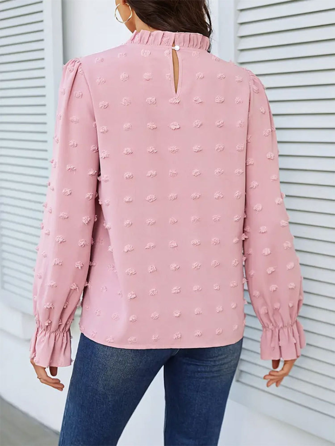 Swiss Dot Mock Neck Flounce Sleeve Blouse - Charming Charlie