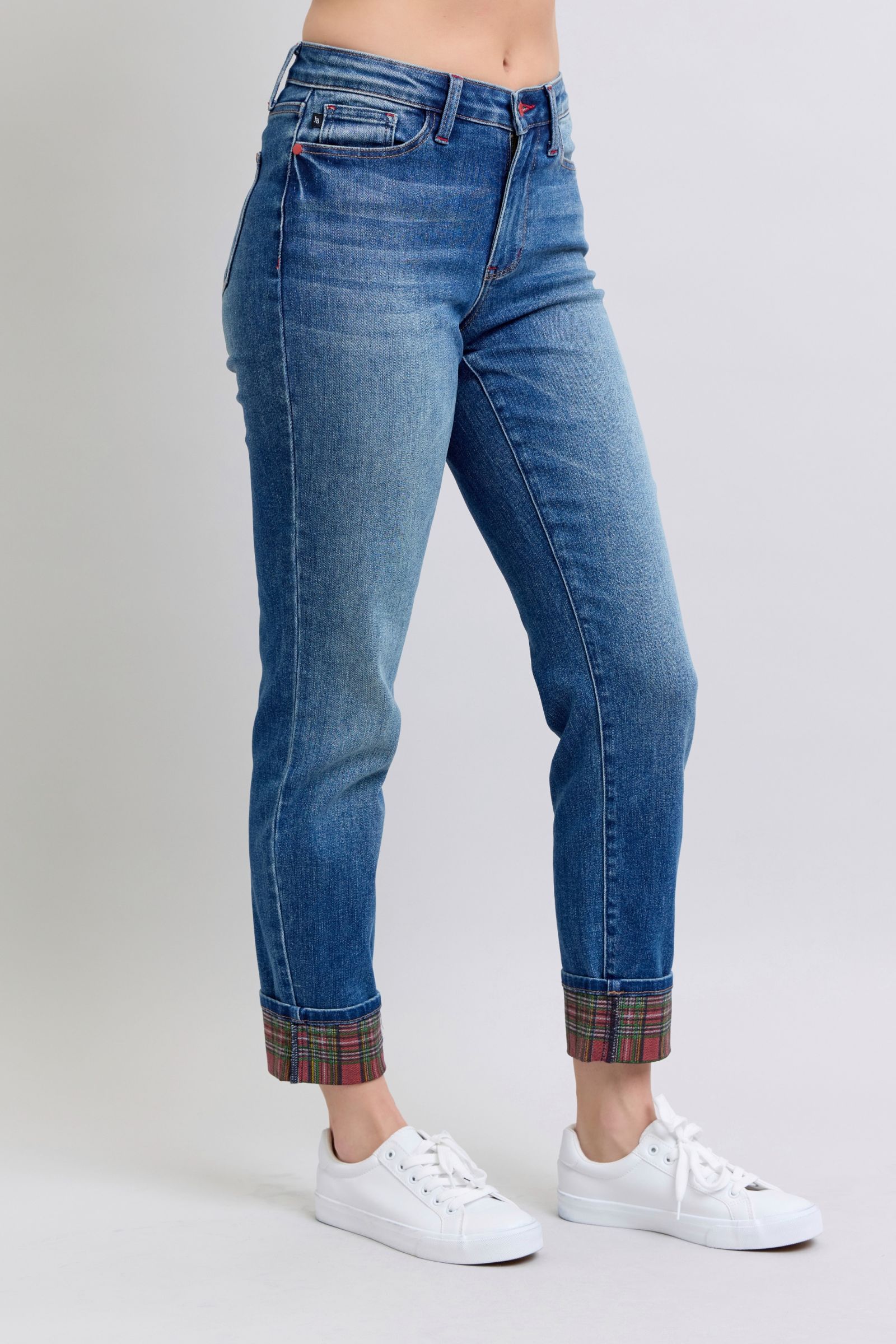 Judy Blue Full Size Plaid Print Cuff Straight Leg Jeans with Pockets - Charming Charlie