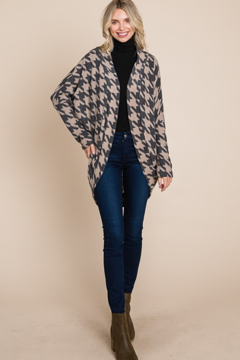 BOMBOM Houndstooth Open Front Cocoon Knit Cardigan - Charming Charlie