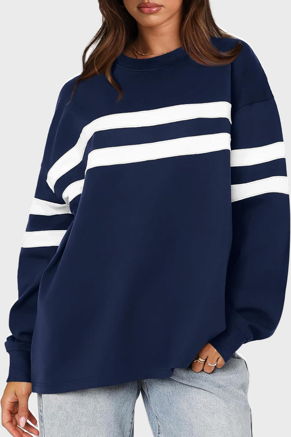 Lovelet Striped Round Neck Dropped Shoulder Sweatshirt - Charming Charlie