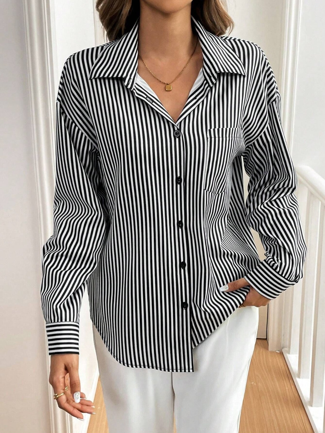 Cutout Bow Back Striped Collared Neck Long Sleeve Shirt - Charming Charlie