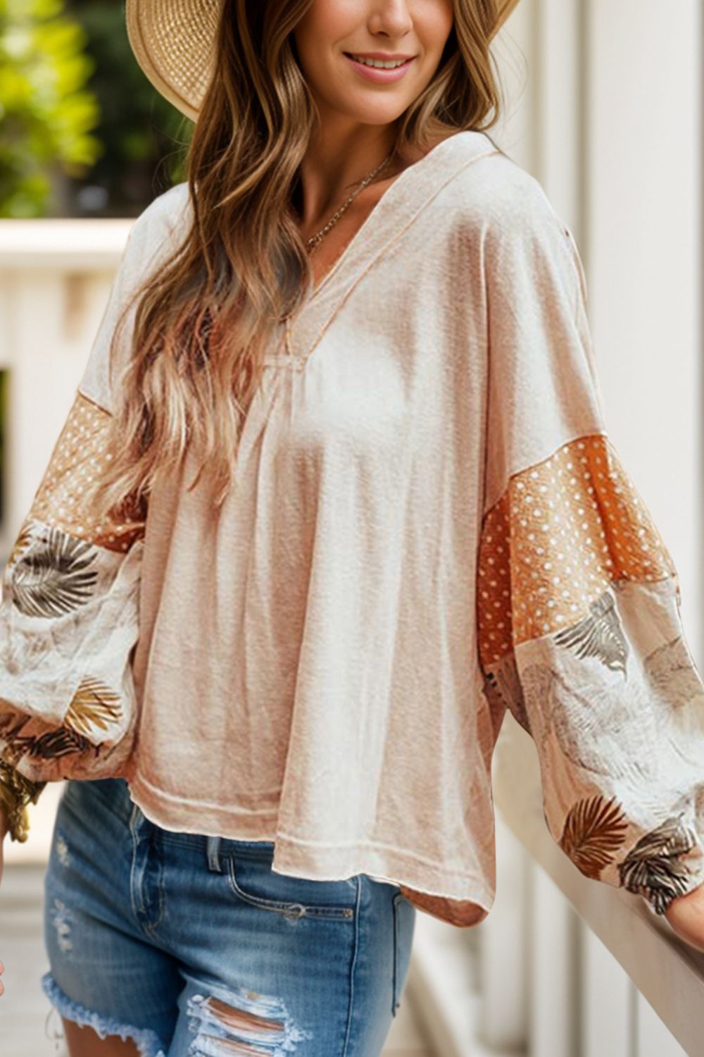 Printed V-Neck Long Sleeve Blouse - Charming Charlie
