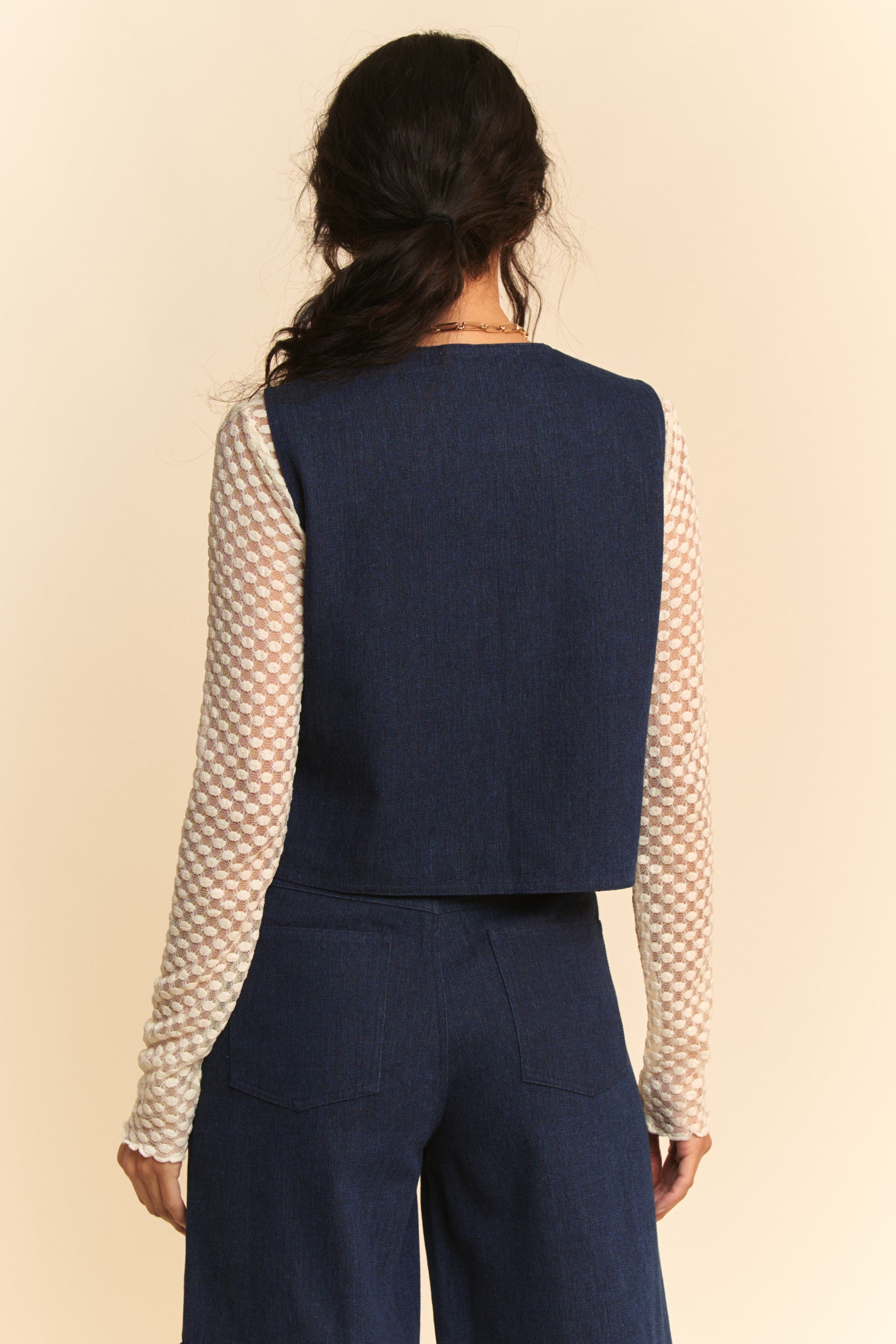 Davi & Dani Lace Patch Open Front Denim Vest - Charming Charlie
