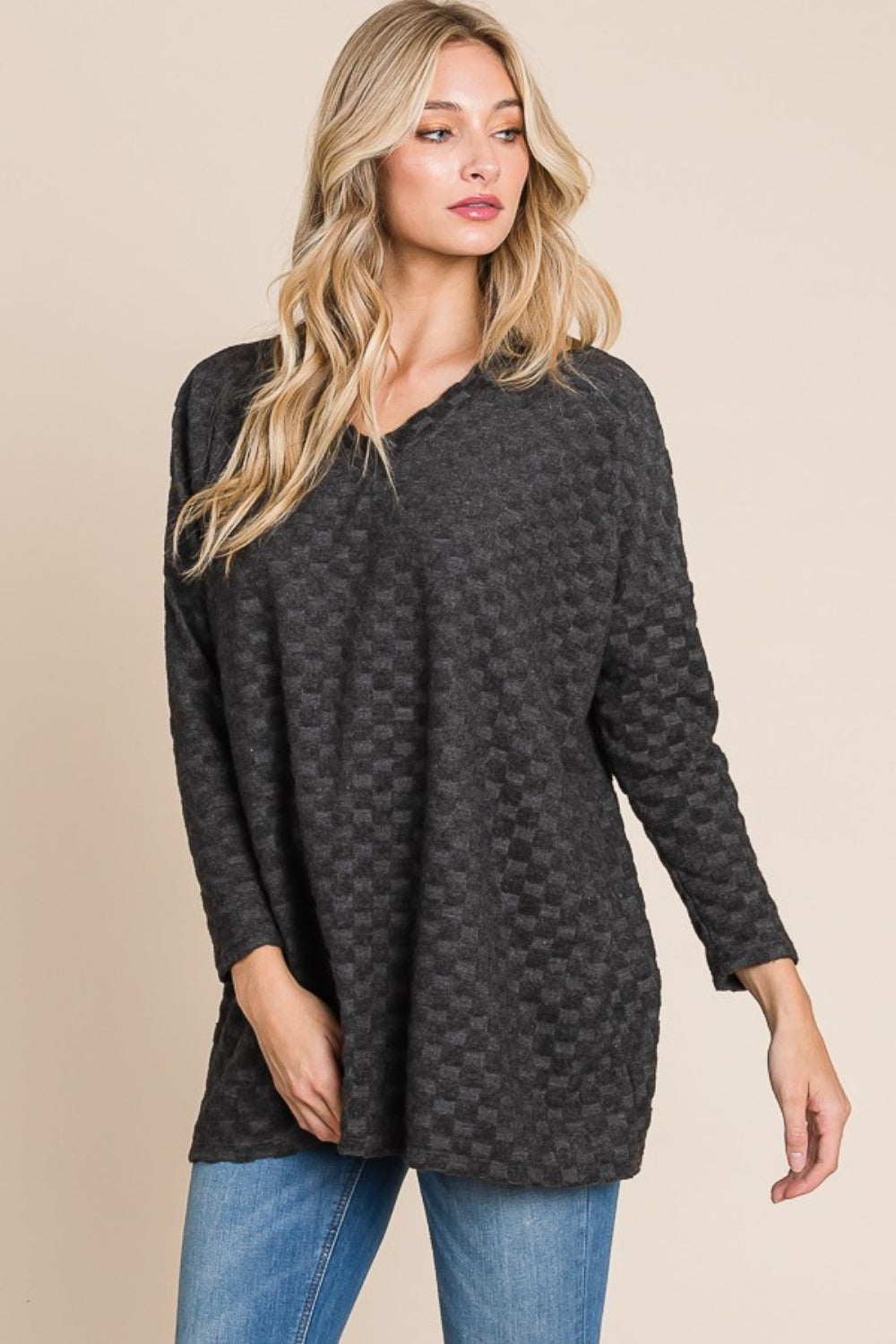 BOMBOM Checkered Long Sleeve V-Neck T-Shirt - Charming Charlie