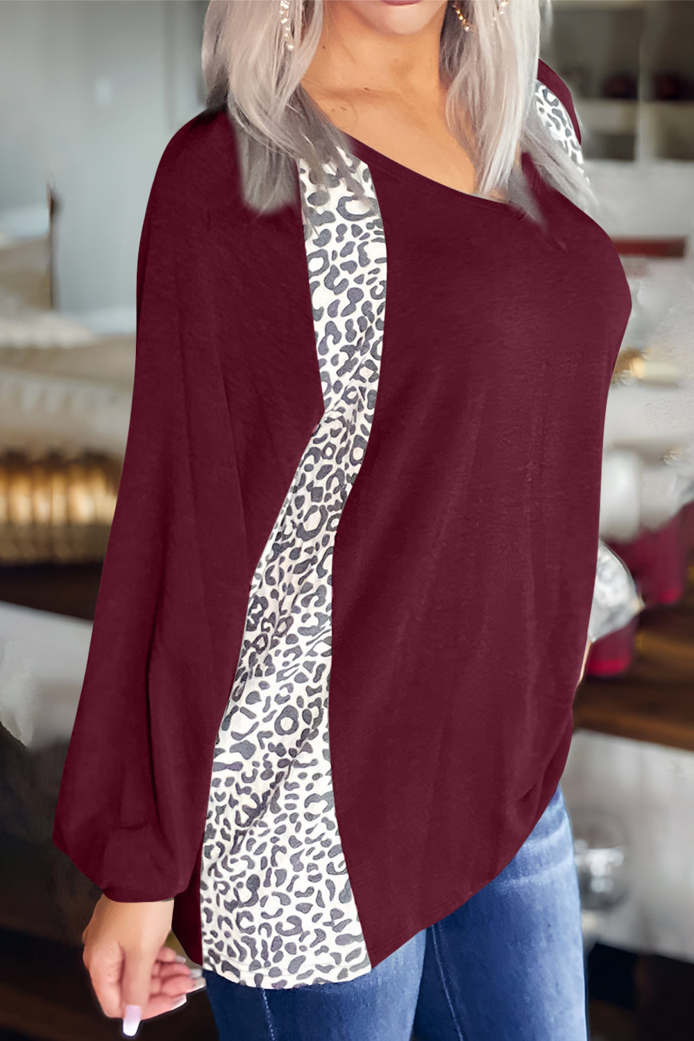 Full Size Leopard V-Neck Long Sleeve T-Shirt - Charming Charlie