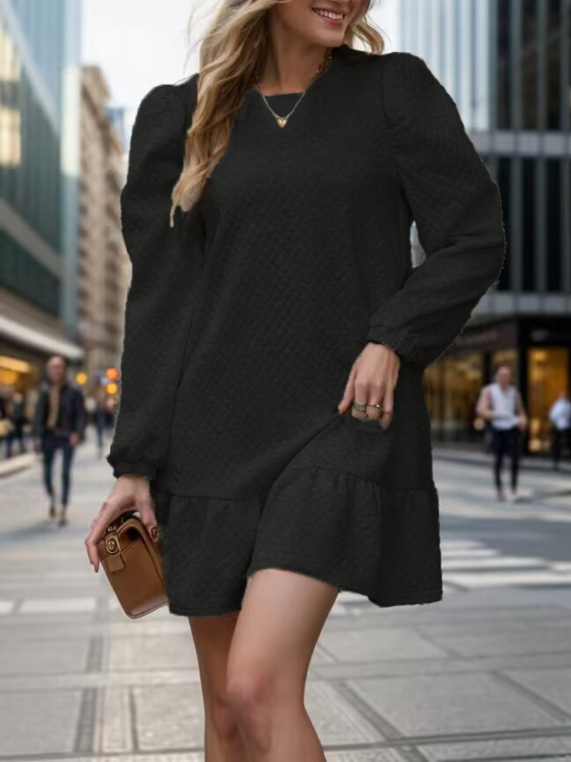 Round Neck Long Sleeve Mini Dress - Charming Charlie
