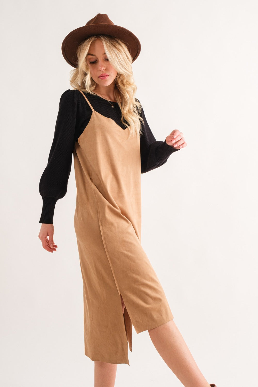 And The Why Faux Suede Cut Edge Slit Cami Midi Dress - Charming Charlie
