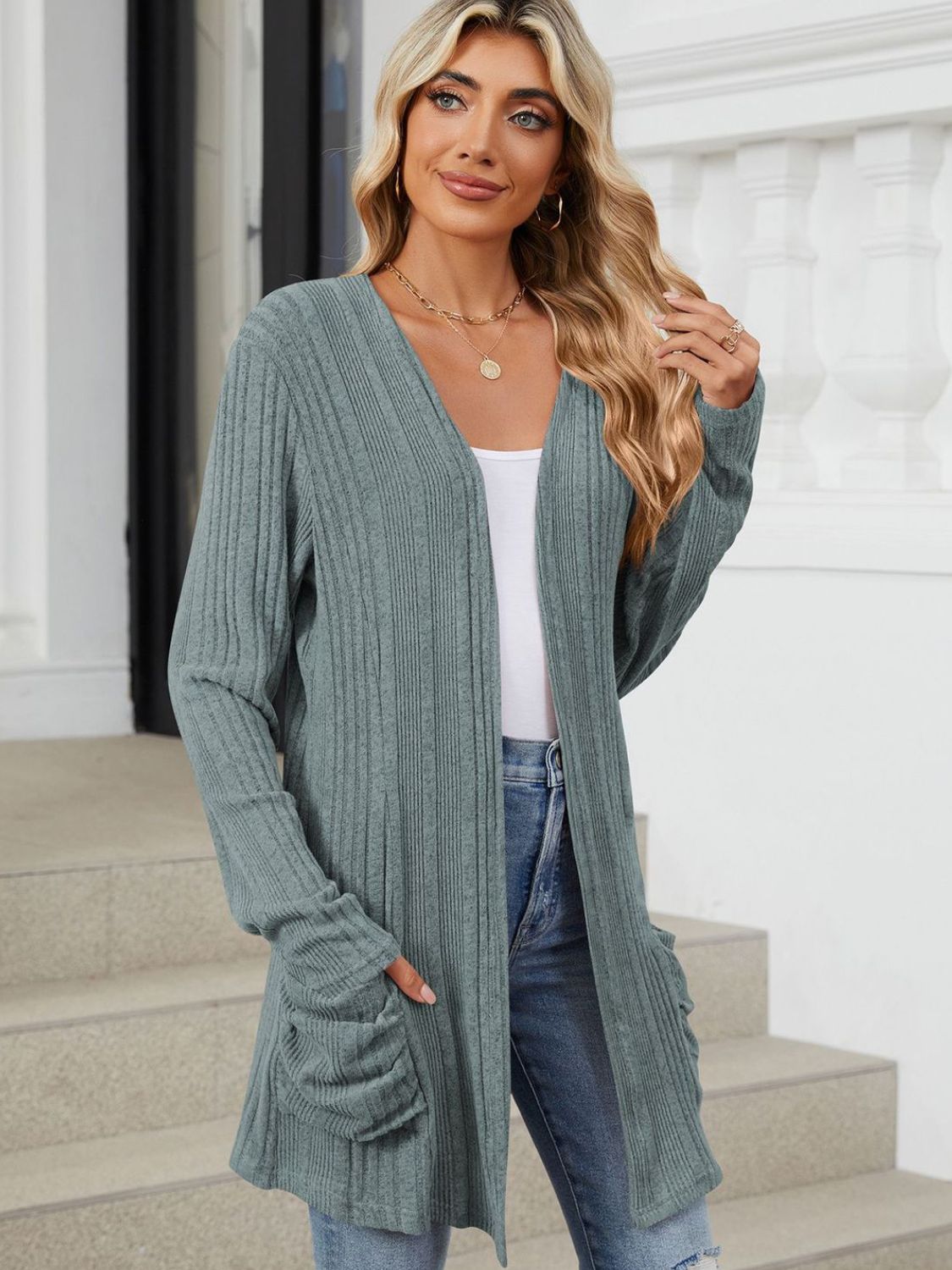 Pocketed Open Front Long Sleeve Cardigan - Charming Charlie