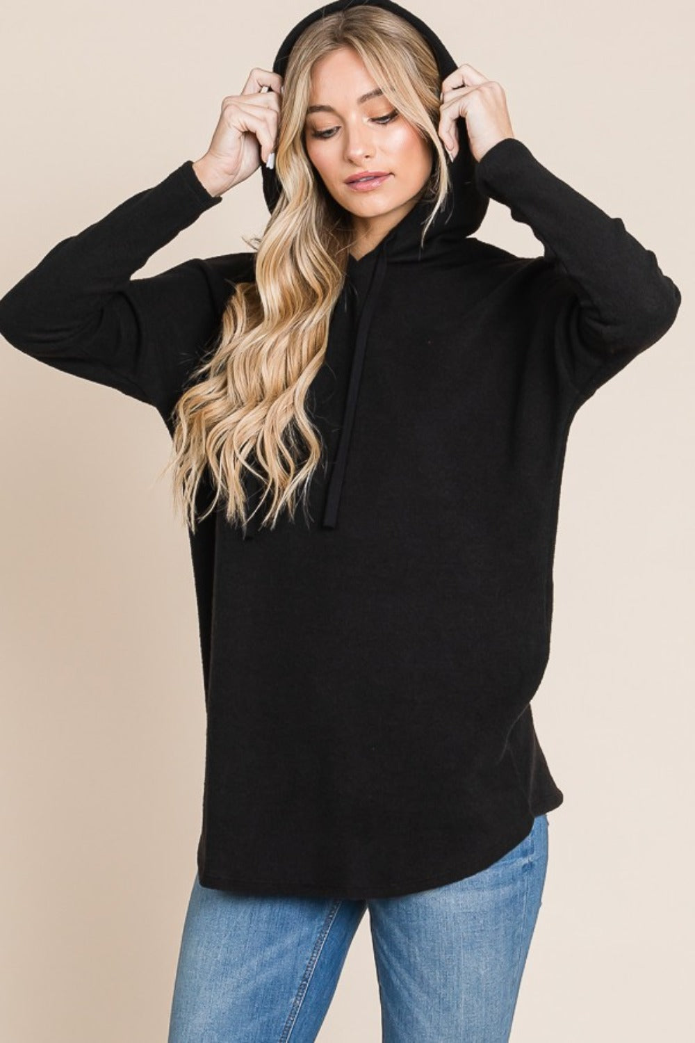 BOMBOM Contrast Drawstring Drop Shoulder Knit Hoodie - Charming Charlie