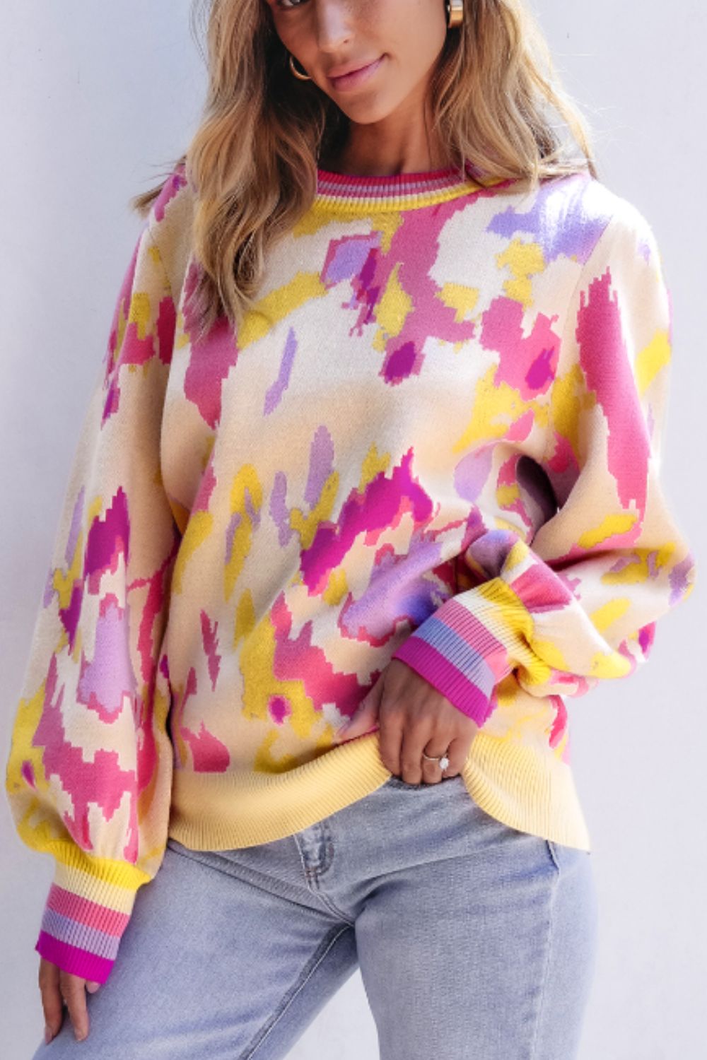 Contrast Round Neck Long Sleeve Sweater - Charming Charlie
