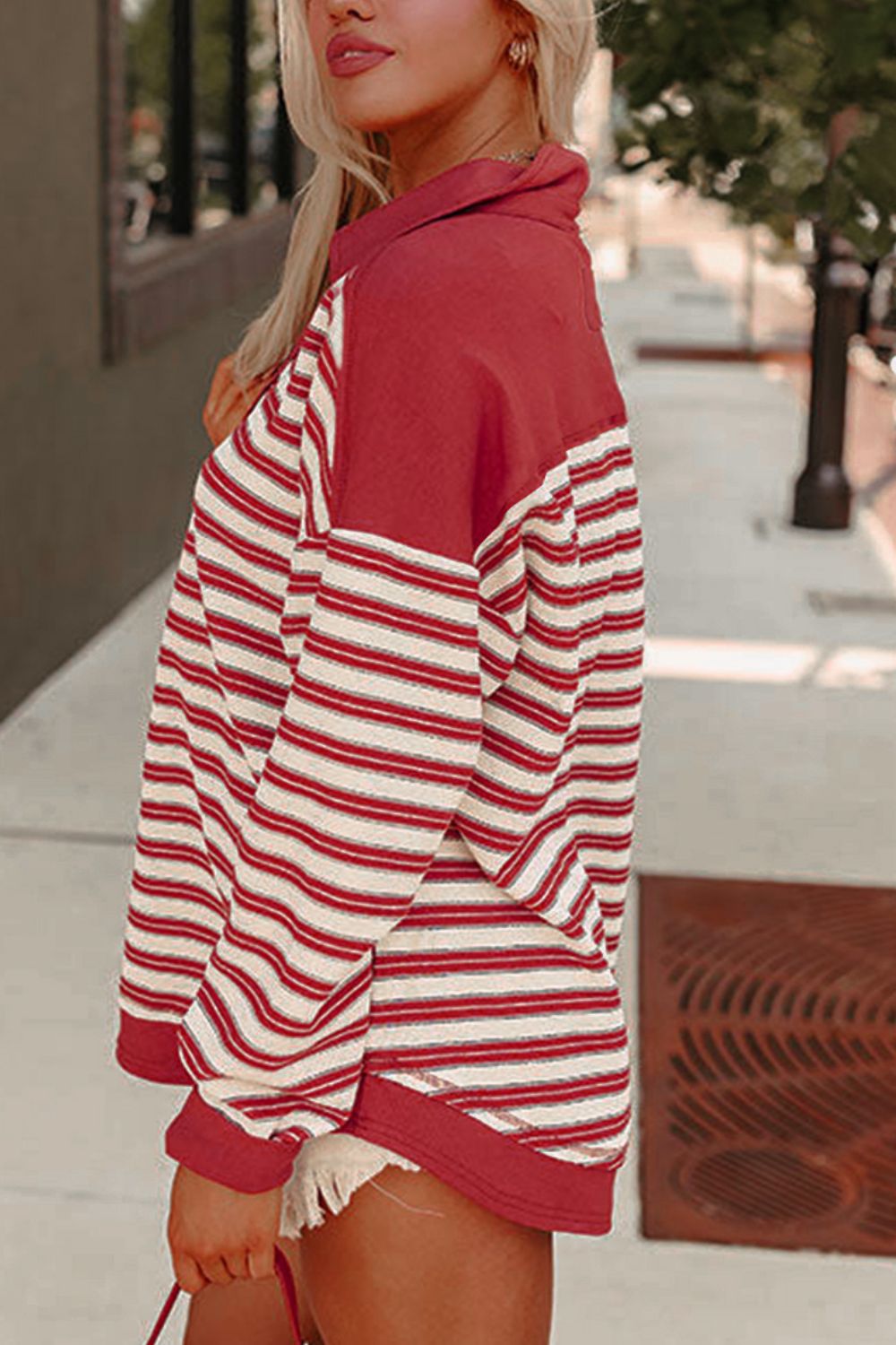 Stripe Johnny Collar Drop Shoulder Sweatshirt - Charming Charlie