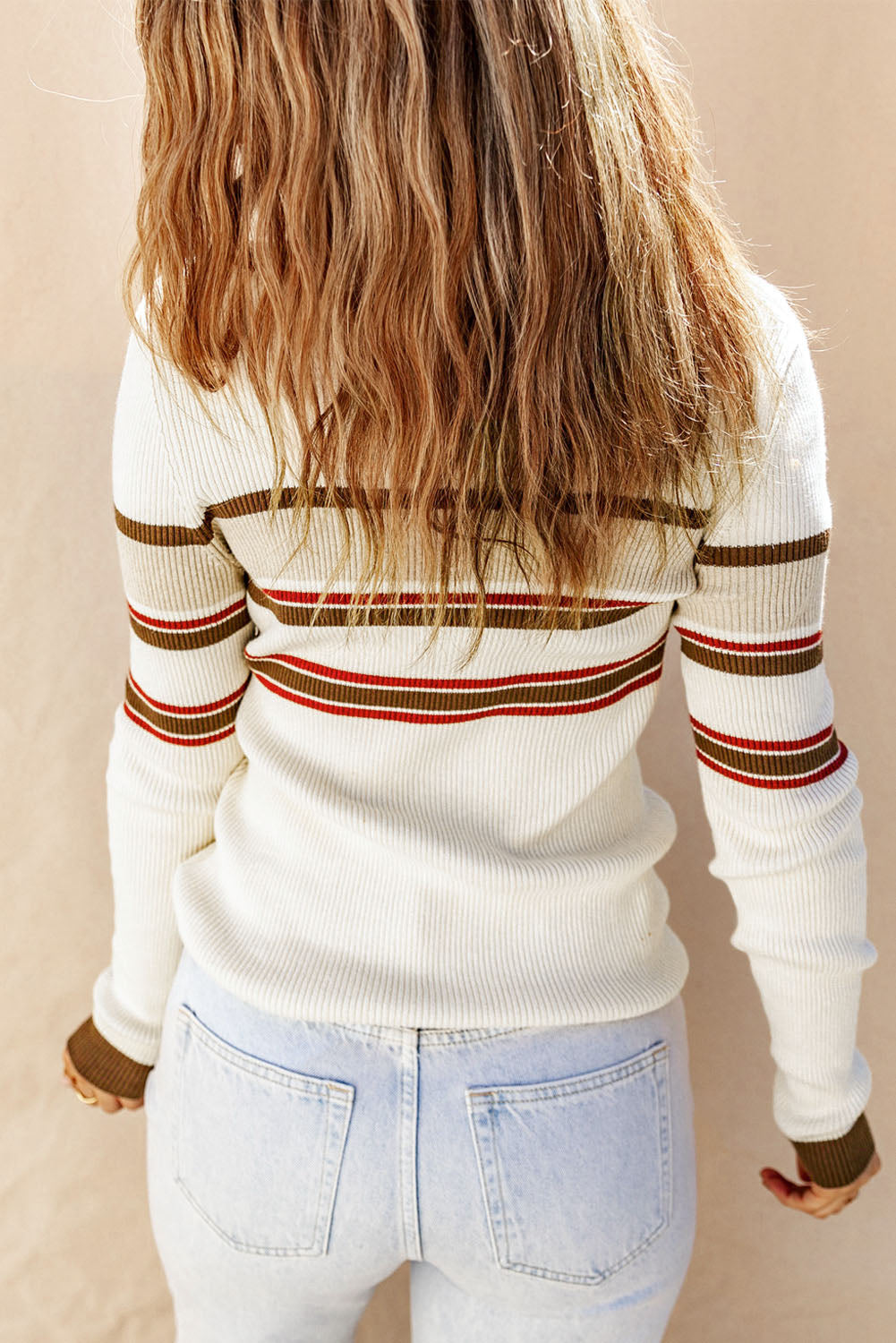 Half Button Contrast Stripe Long Sleeve Knit Top - Charming Charlie