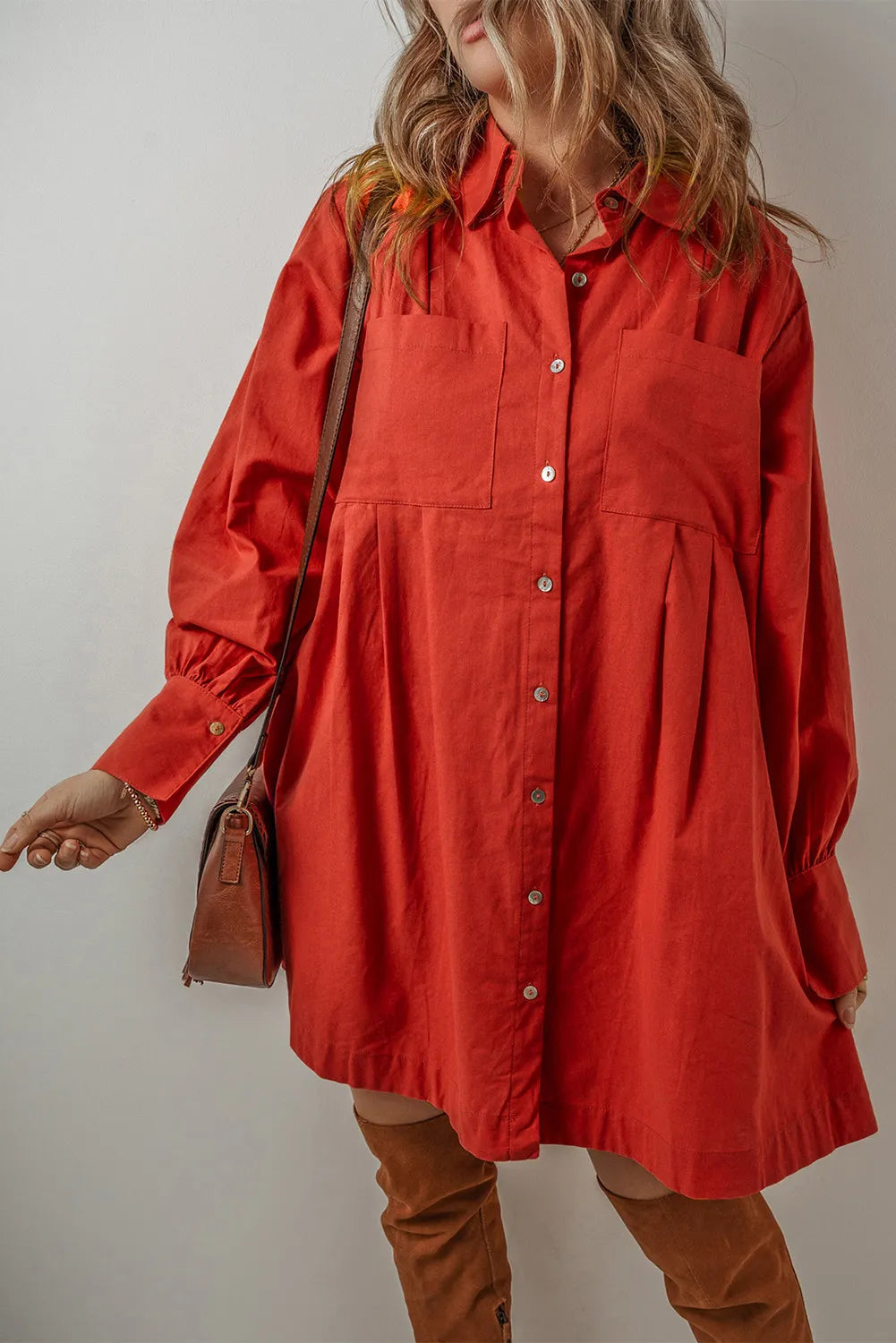 Pocketed Button Down Long Sleeve Shirt Dress - Charming Charlie