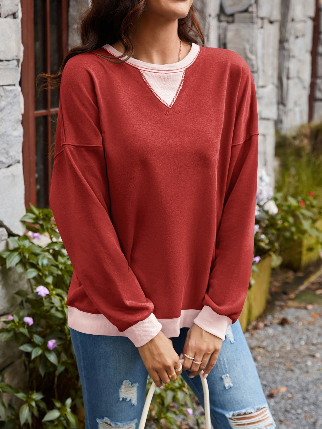 Contrast Round Neck Long Sleeve Sweatshirt - Charming Charlie