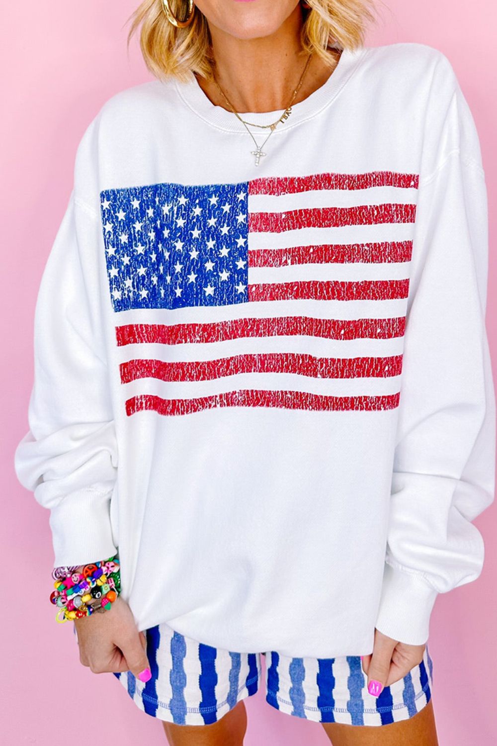 US Flag Round Neck Long Sleeve Sweatshirt - Charming Charlie