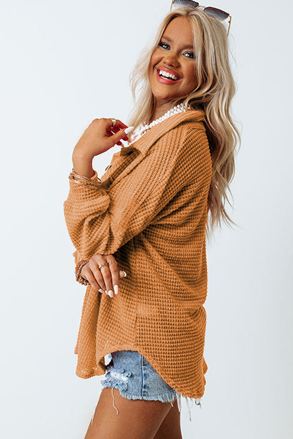 Waffle-Knit Collared Neck Long Sleeve Shirt - Charming Charlie