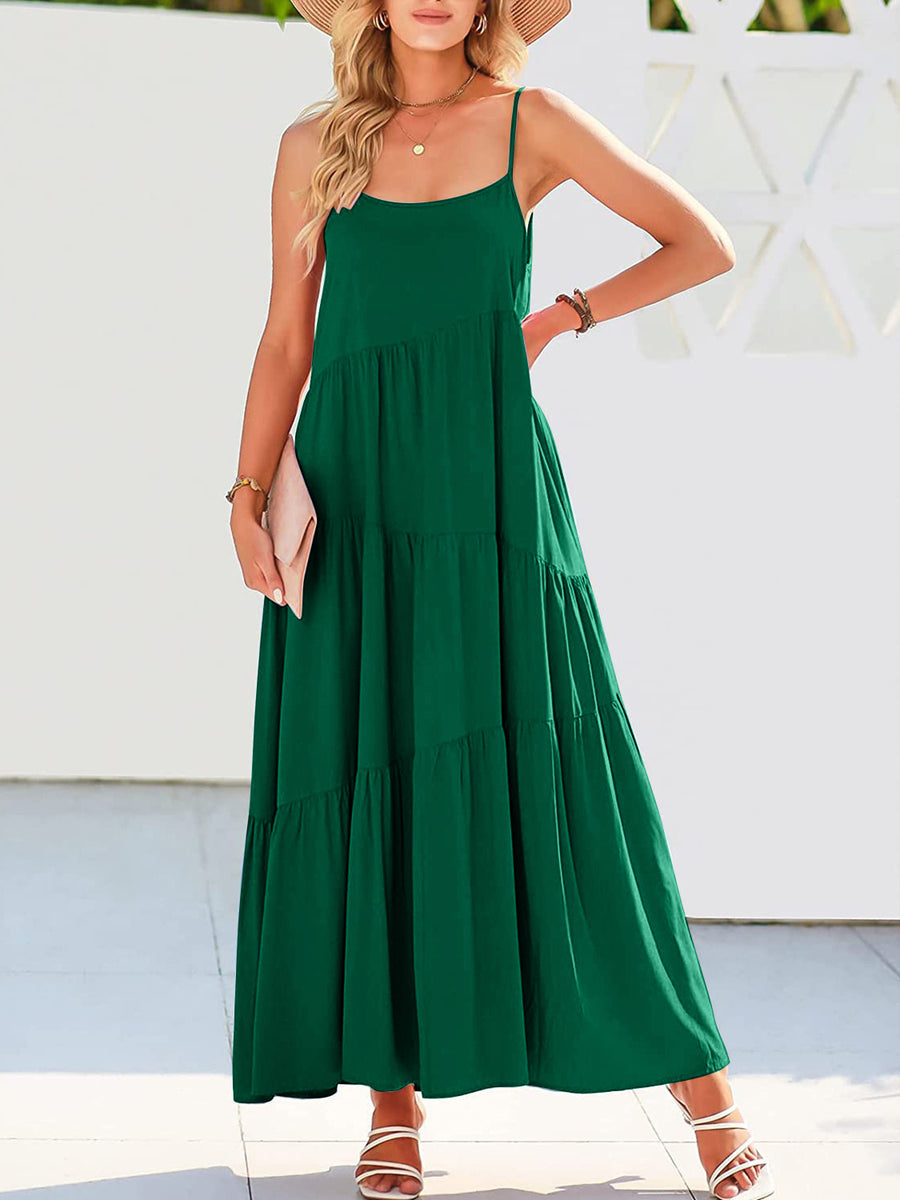 Spaghetti Straps Ruched Tiered Dress With Slit Teal main image 1