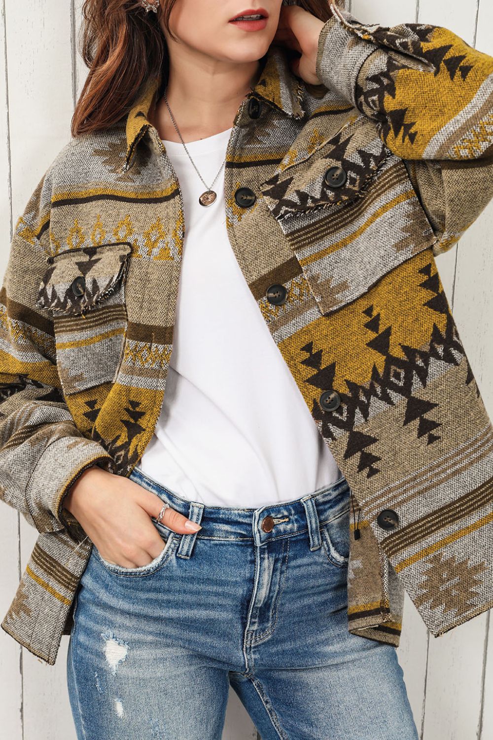 Pocketed Geometric Collared Neck Jacket - Charming Charlie