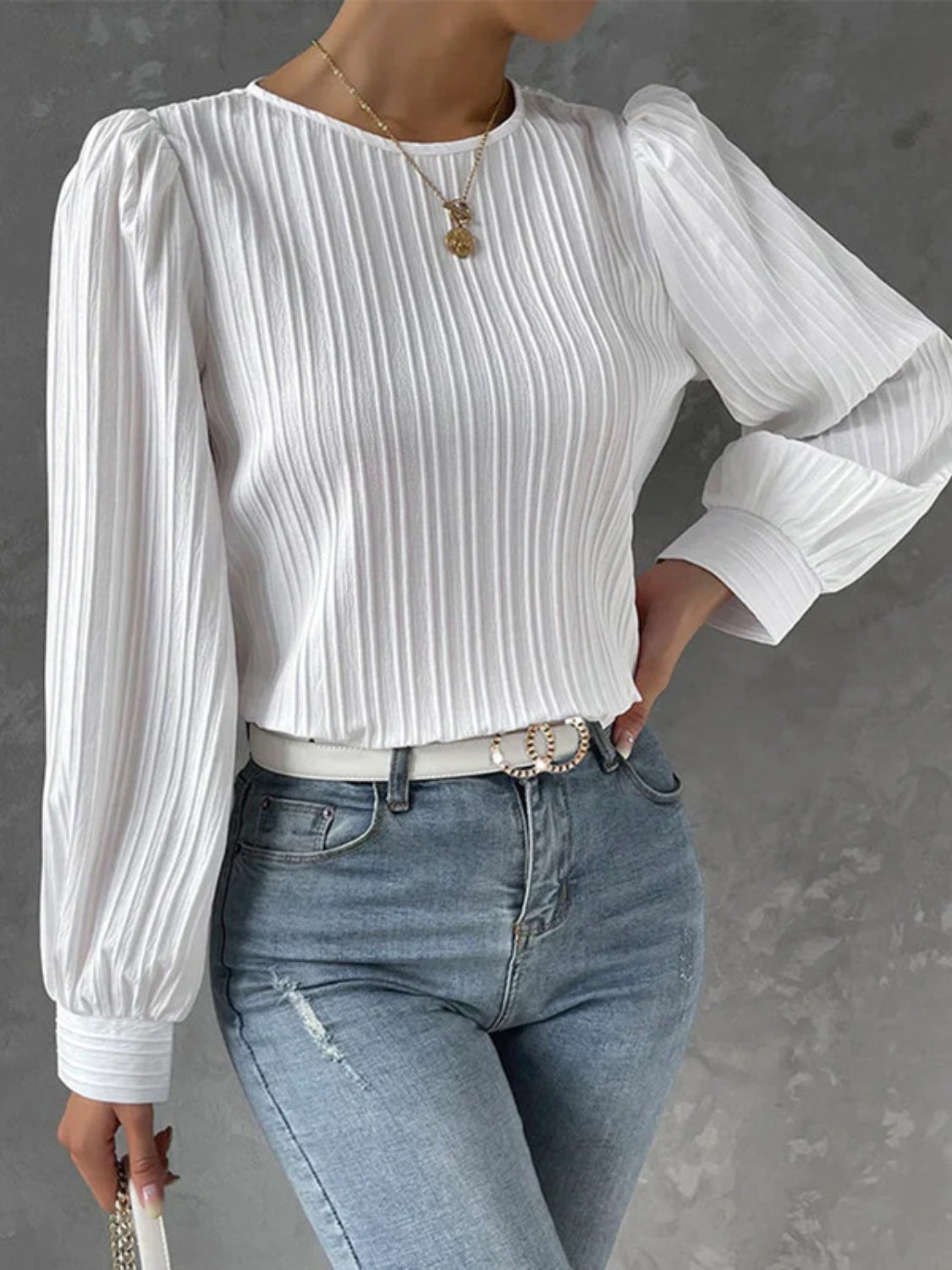 Round Neck Long Sleeve Blouse - Charming Charlie