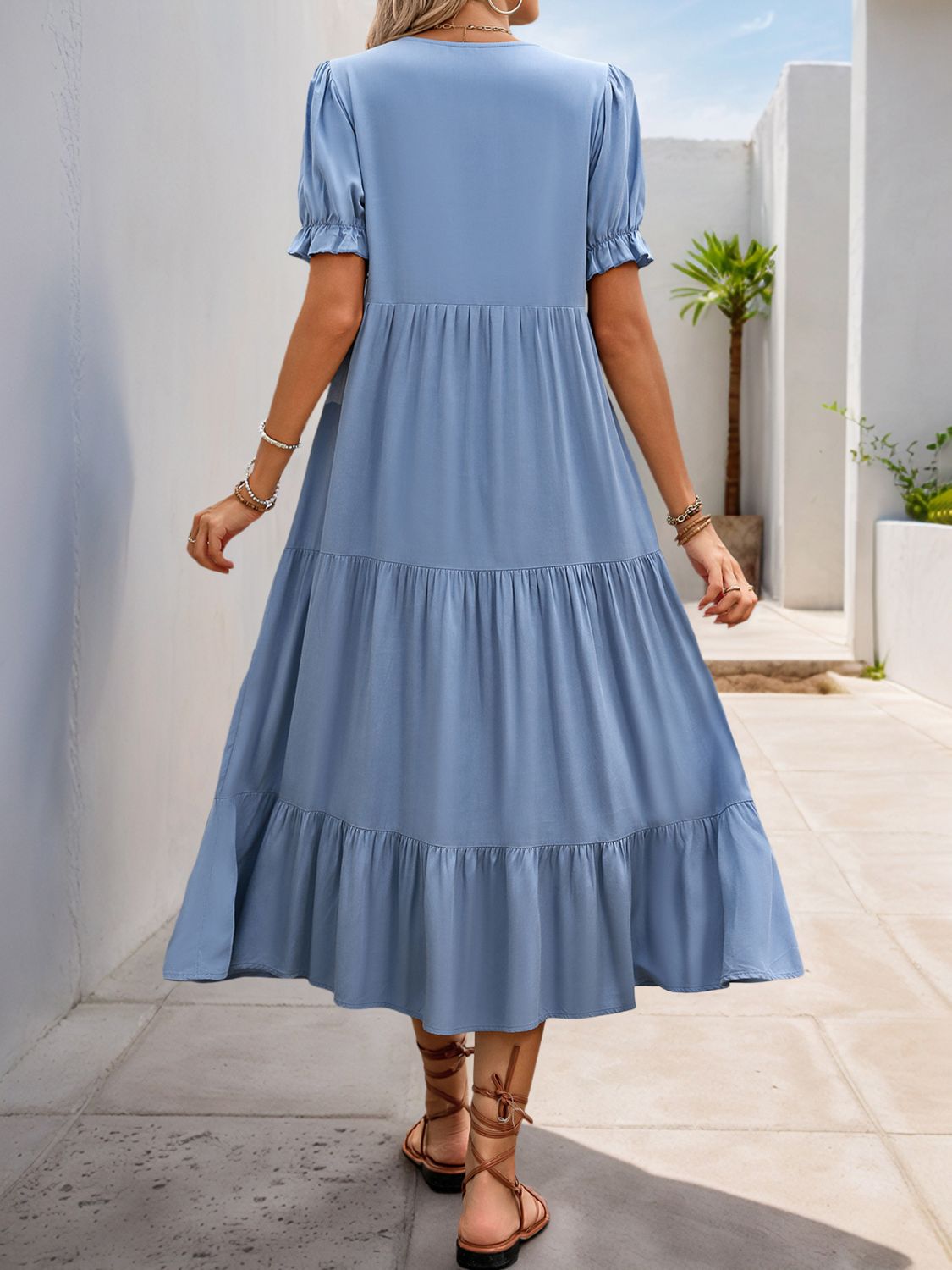 Perfee Decorative Button Notched Short Sleeve Midi Dress - Charming Charlie