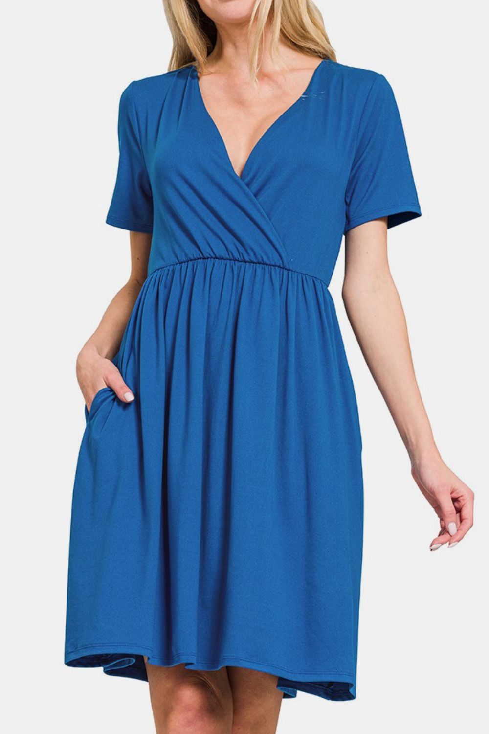 Zenana Surplice Short Sleeve Brushed DTY Dress - Charming Charlie
