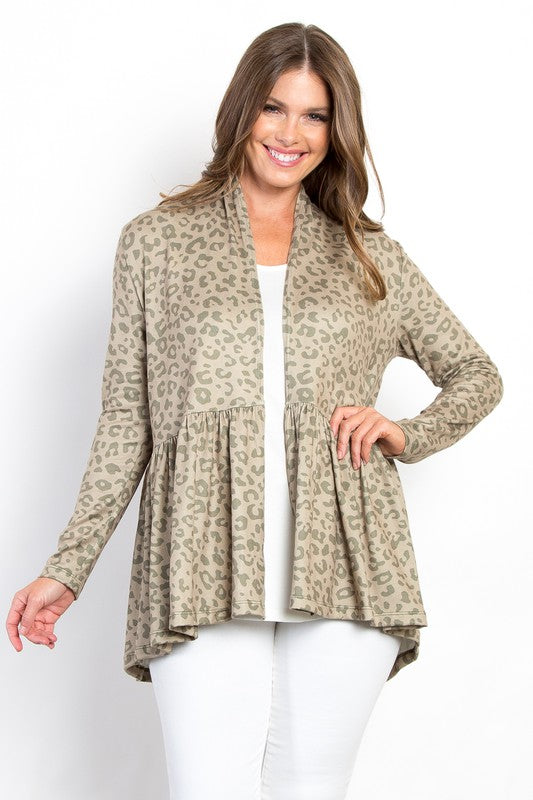 Be Stage Full Size Peplum Leopard Open Front Long Sleeve Cardigan - Charming Charlie