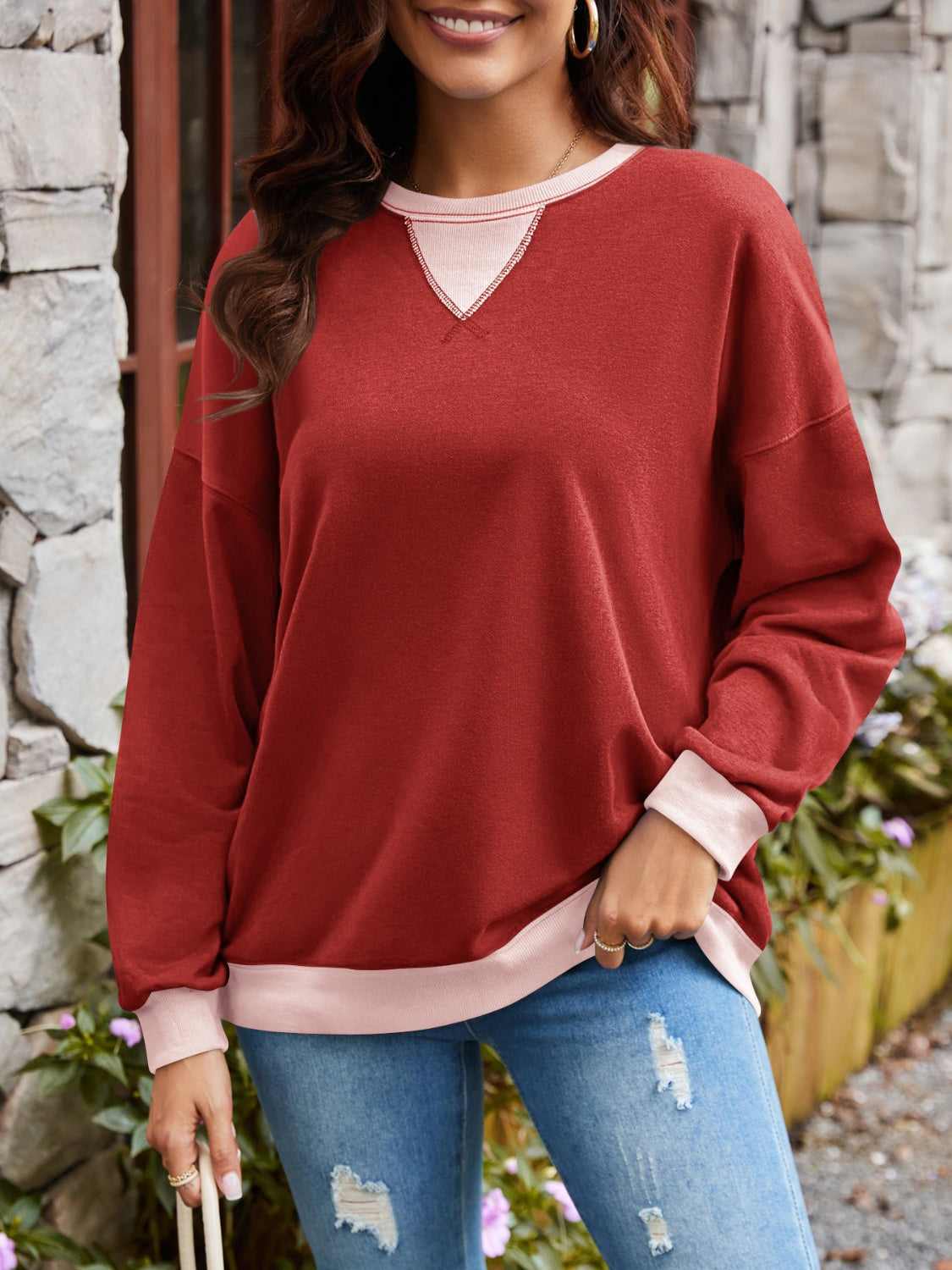 Contrast Round Neck Long Sleeve Sweatshirt - Charming Charlie