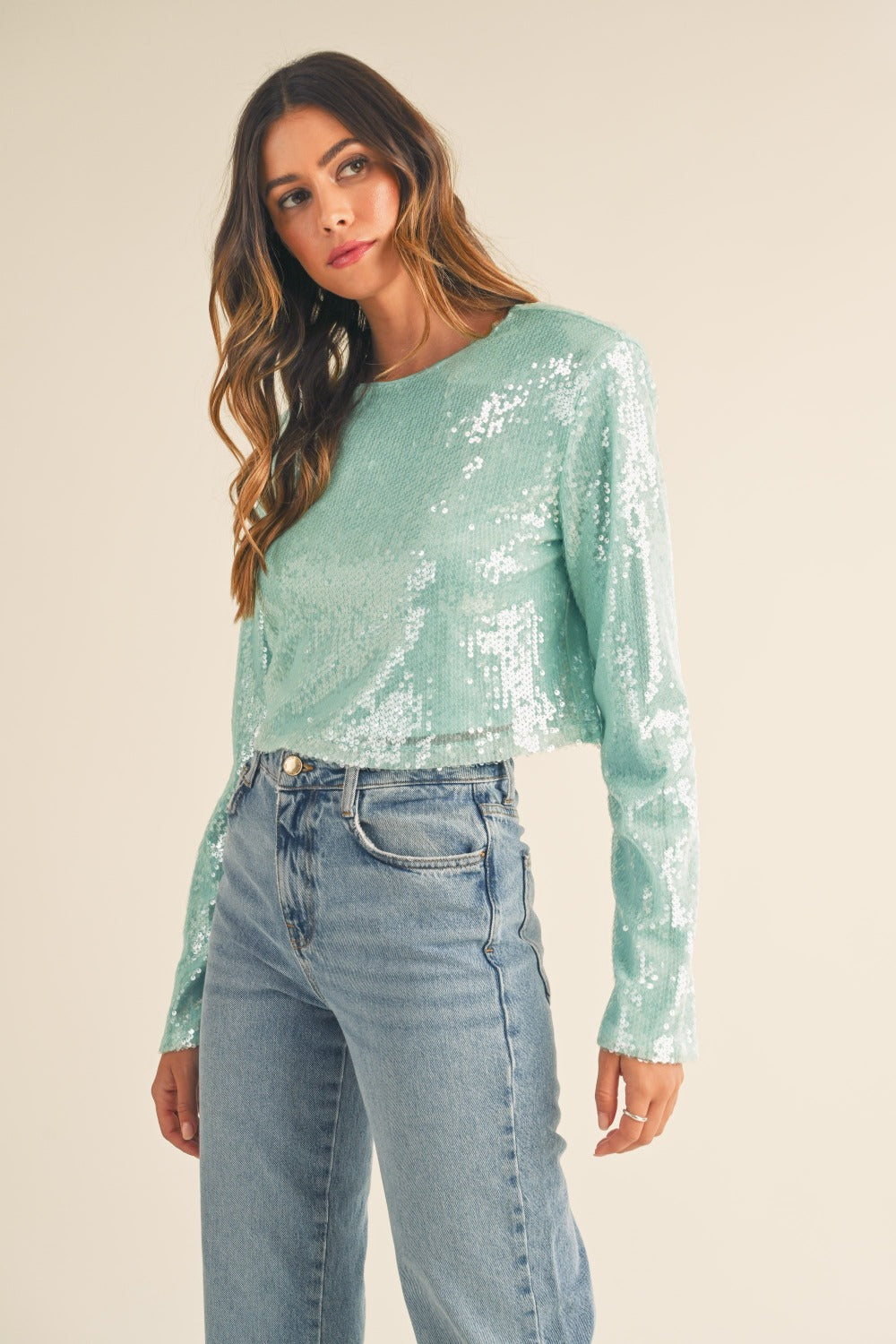 MABLE Shoulder Padded Sequin Crop Top - Charming Charlie