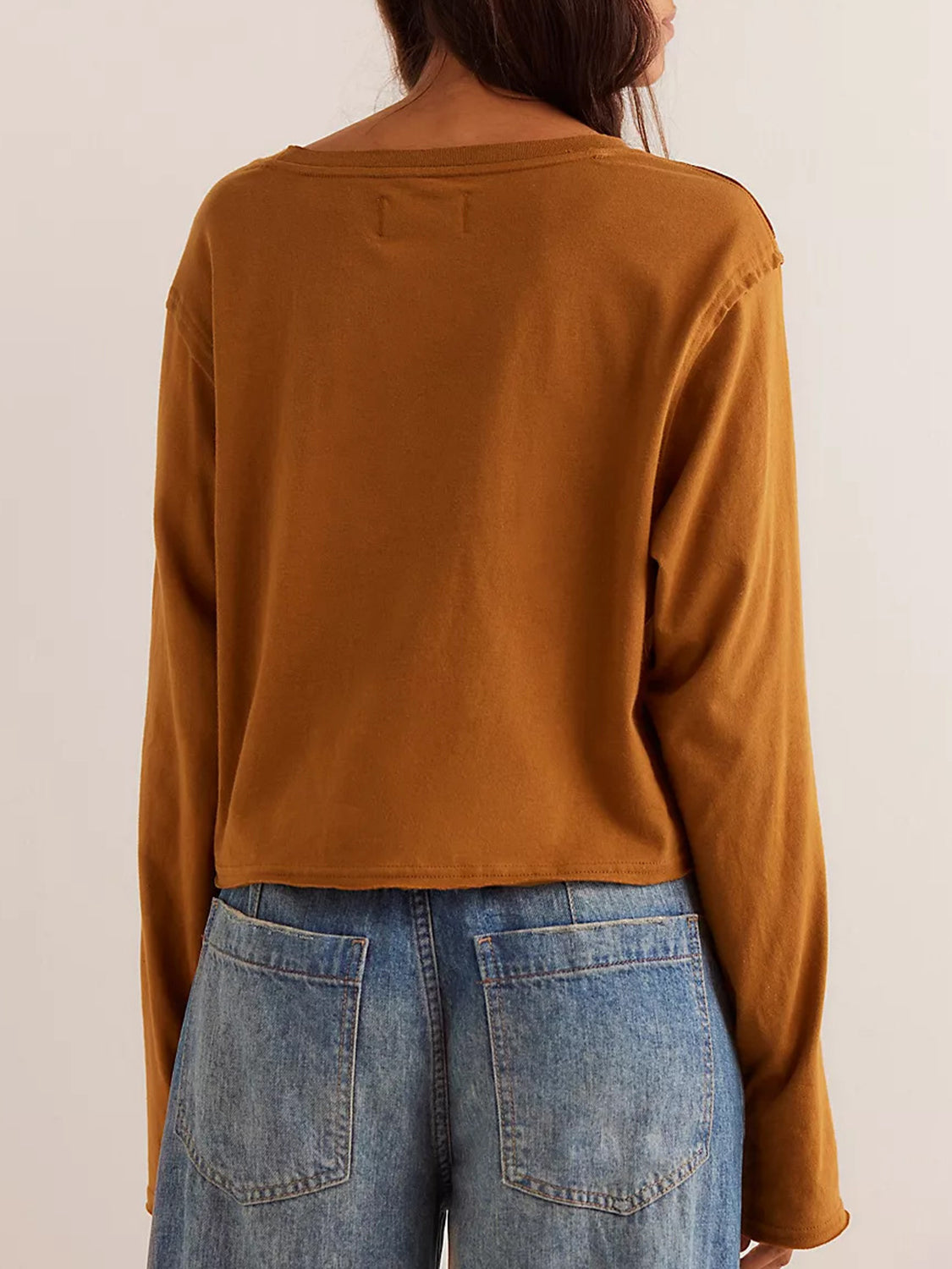 Round Neck Long Sleeve Cropped T-Shirt - Charming Charlie