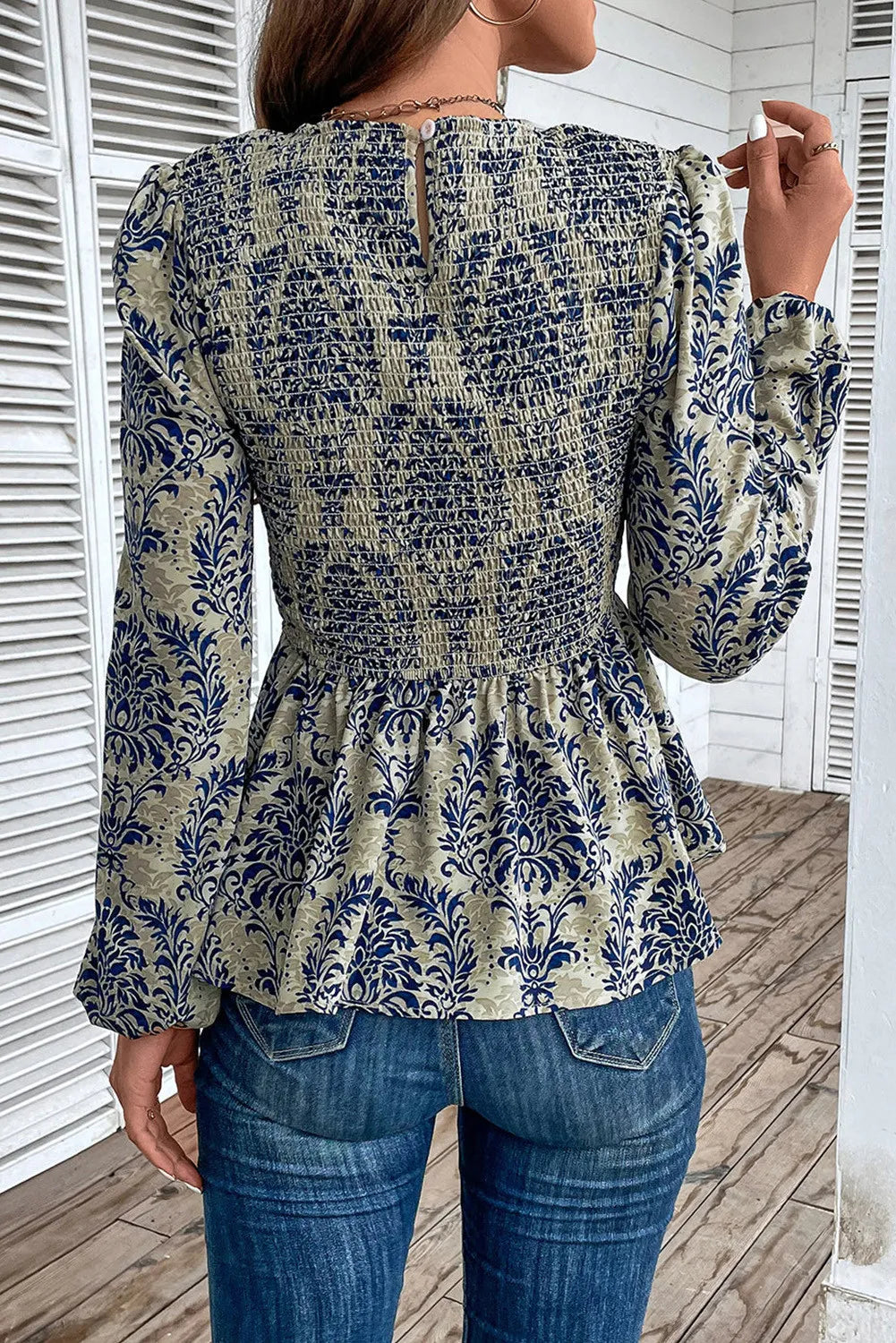 Peplum Printed Round Neck Long Sleeve Blouse - Charming Charlie