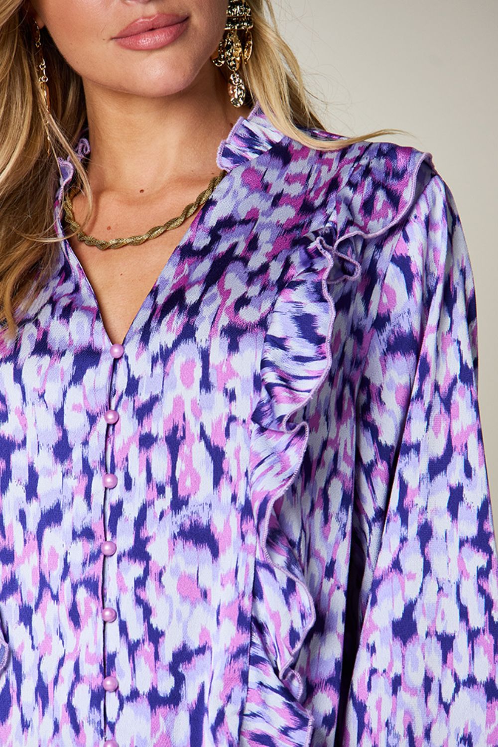 Double Take Full Size Printed Ruffle Trim Balloon Sleeve Shirt - Charming Charlie
