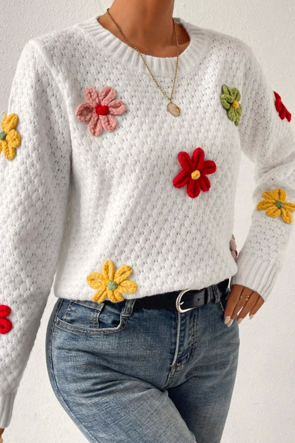 Crochet Flower Round Neck Long Sleeve Sweater - Charming Charlie