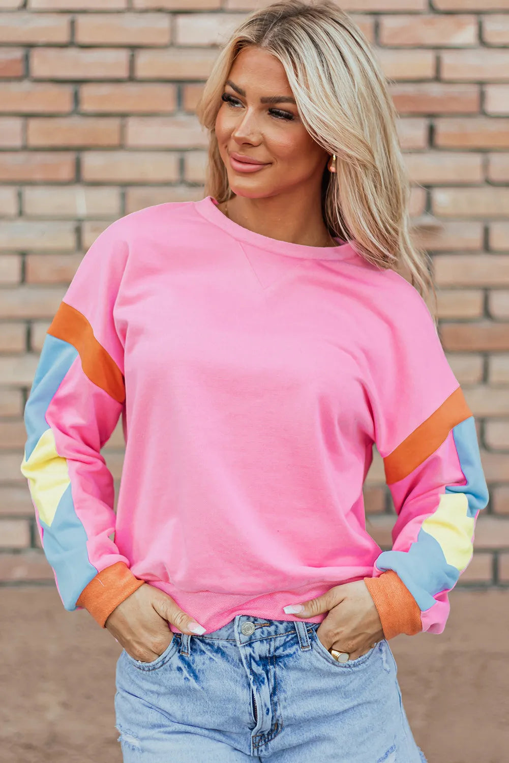 Contrast Round Neck Long Sleeve Top - Charming Charlie