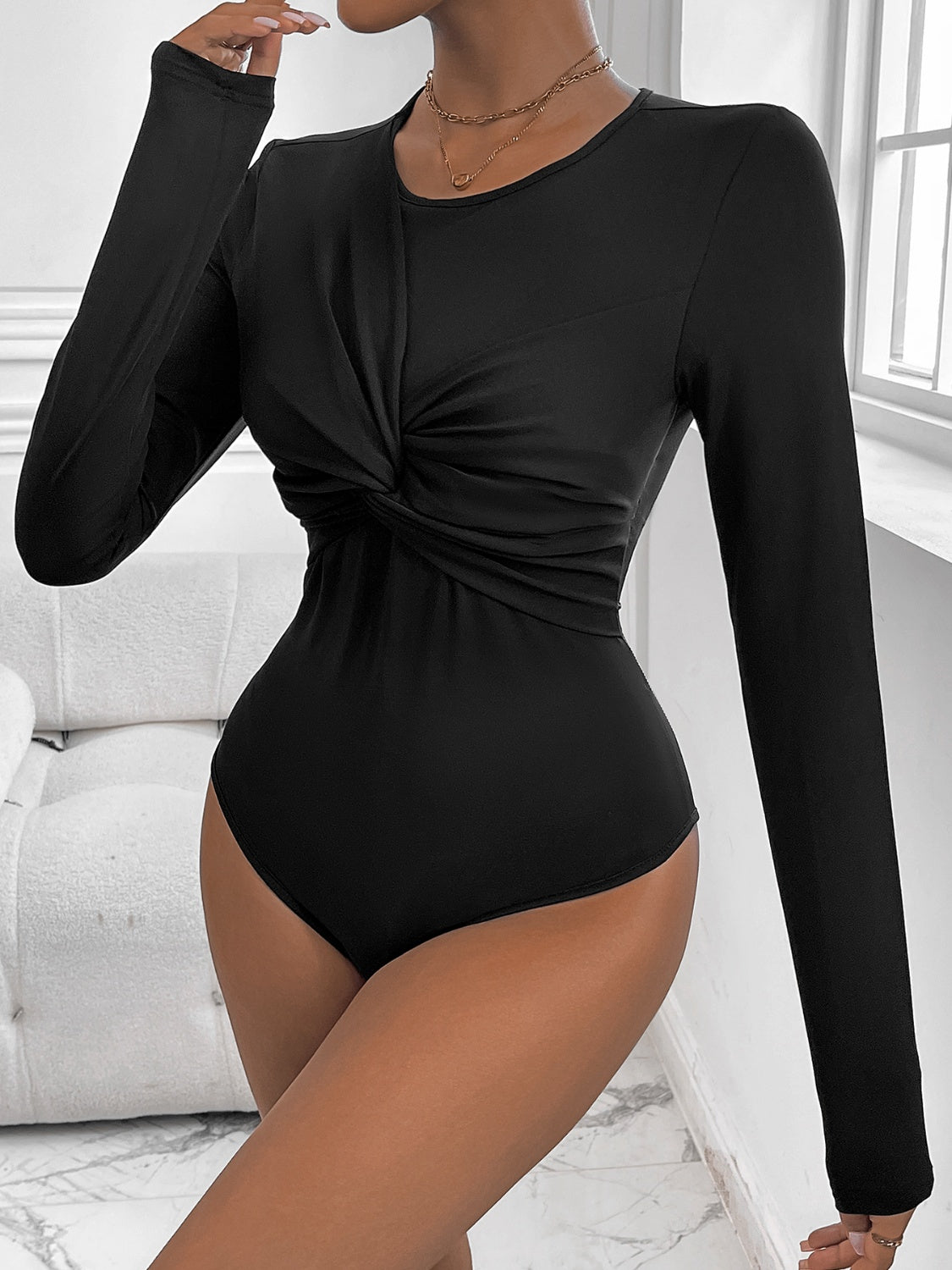Twisted Round Neck Long Sleeve Bodysuit - Charming Charlie