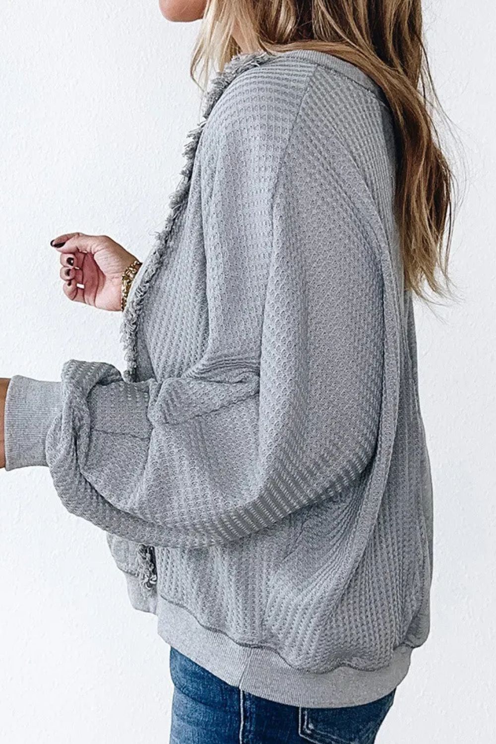 Waffle-Knit Round Neck Long Sleeve Top - Charming Charlie
