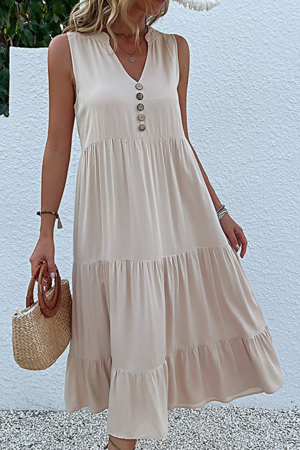 Decorative Button Sleeveless Tiered Dress - Charming Charlie