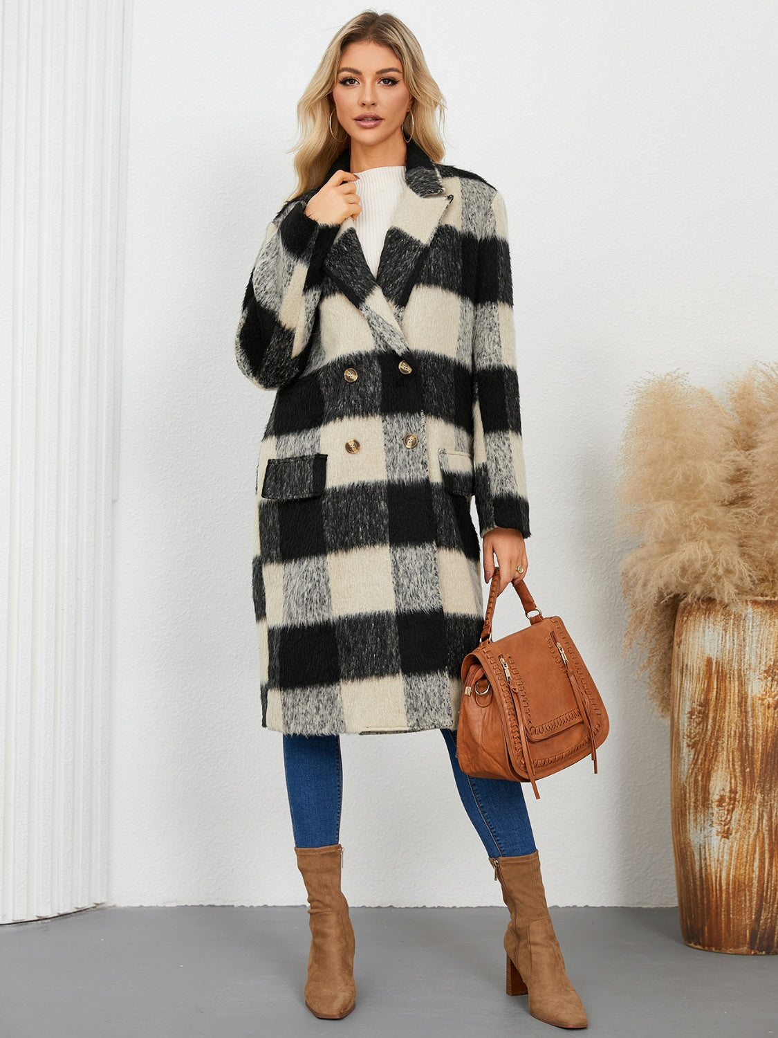 Plaid Double-Breasted Long Sleeve Coat - Charming Charlie