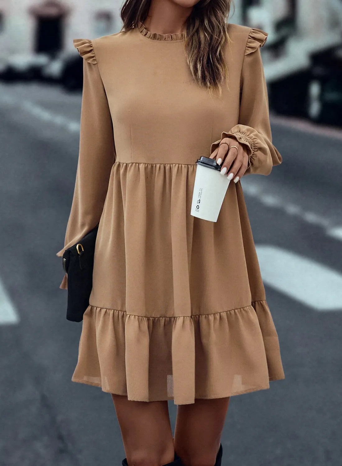 Frill Round Neck Flounce Sleeve Mini Dress - Charming Charlie