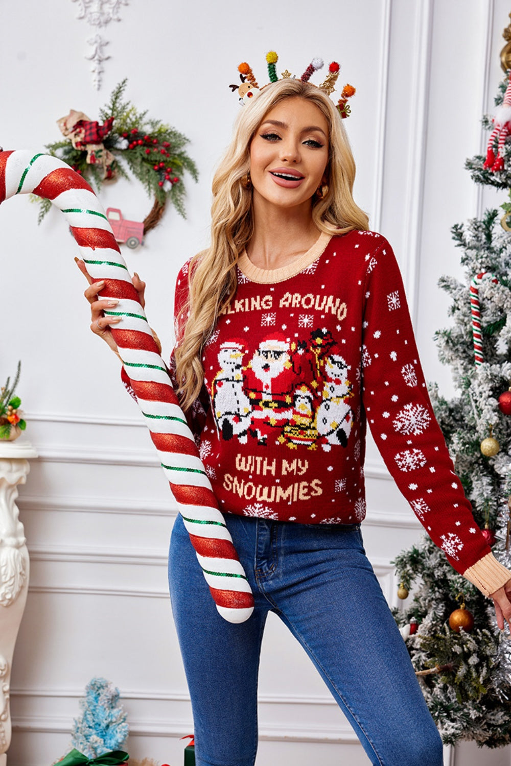 Christmas Pattern Round Neck Long Sleeve Sweater - Charming Charlie