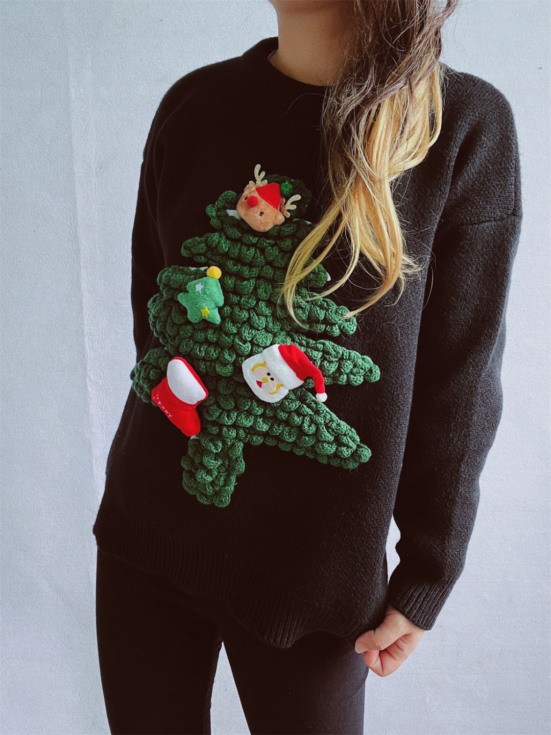 Christmas Tree Round Neck Long Sleeve Sweater - Charming Charlie