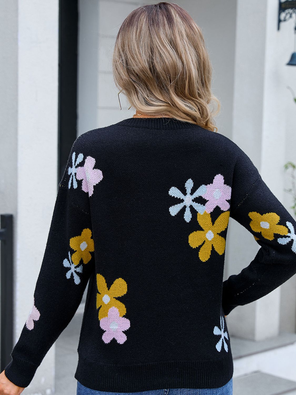 Flower Round Neck Dropped Shoulder Sweater - Charming Charlie